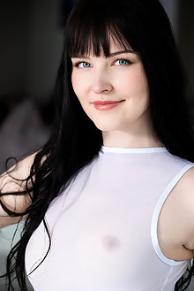 Amelia Riven in Bold Gaze by Robert Graham indoor brunette black hair green eyes shaved tight pussy custom