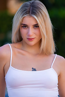 Angelique Lapiedra in Poolside Serenity by David Menich outdoor poolside blonde blue eyes boobies tattoo shaved ass pussy fingering